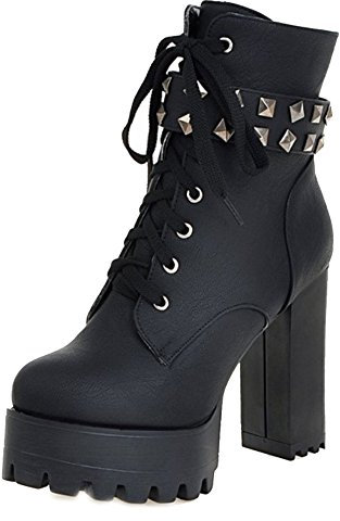 Smilice Damen Plateau Stiefeletten mit hohem Blockabsatz und Niete (Schwarz, 42 EU)