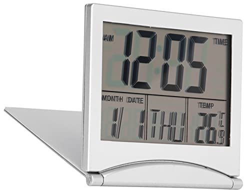 Garosa Digital Alarm Clock Portable Bedside Travel with Folding Design Temperature Calendar Snooze Function LED Display Leather Cover Included Battery