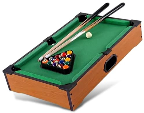 FISHTEC - Mini-Amerikanischer Billardtisch, mobiler Mini-Billardtisch, grüner Filzüberzug, 2 Queues, 16 Kugeln, Dreieck und Kreide, helle Holzfarbe, Erwachsene, 51 x 34 x 9,5 cm