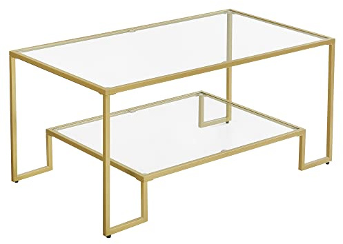 VASAGLE Couchtisch, Glastisch, Wohnzimmertisch, 2 Ablagen aus Hartglas, Stahlgestell, 55 x 100 x 45 cm, Dekoration, für Wohnzimmer, goldfarben LGT033A01