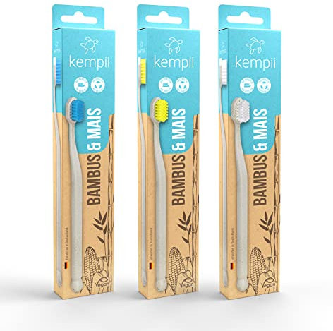 Kempii Bambus & Mais Zahnbürste Set 3er-Pack, Soft, Natur Handzahnbürste mit schonend weichen Borsten, Zahnbürste weich, Eco Toothbrush, Zahnbürsten 3 Stück