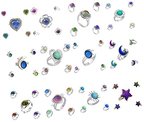 Bague d'Humeur Ajustable en Métal, Lot de 12 Pièces, Anneaux Ouverts | Bijoux Émotion et Sentiment, pour Femmes et Hommes, Couleur Changeante, Doigt de Température, Formes Variées