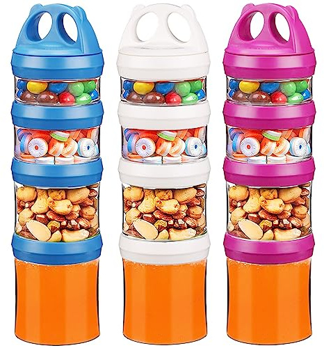 BeneLabel Snack Box, 3pcs Stackable Snack Pot 4 Compartments 31oz/917ml Portable Food Container Storage Jar Nuts Candy Formula Dispenser with Lid for Travel, BPA Free & Leak-proof, Red/White/Blue
