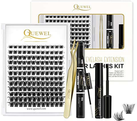QUEWEL 144 Pcs DIY Wimpern-Extensions, Lash-Extension mit langanhaltenden Cluster-Lashes Bond und Seal, natürliche Lash-Cluster für Anfänger zu Hause (QU-RR-DH-01)