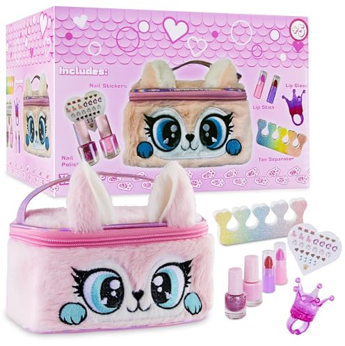 KreativeKraft Maquillage Enfant Fille Trousse Maquillage Enfant avec Gloss Vernis Enfant Fille Non Toxique Stickers Ongles Nail Art et Sac de Rangement Peluche Fantaisie (Rose), 2103W