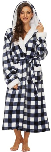Devirld Plush Robes for Women, Womens Robe Long Fleece Fuzzy Bathrobe Hooded Warm Soft Fluffy Bathrobes, Plaid-2, 3X-Large
