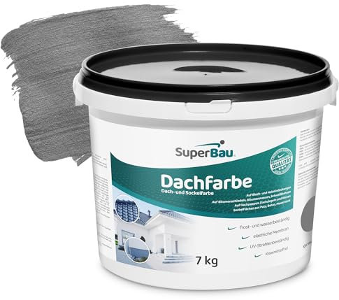 SuperBau Dachfarbe Grau (7kg ca.17.5m²) Sockelfarbe WASSERDICHT, Fassadenfarbe für Außen, Dachbeschichtung für Blechdach, Bitumen, Dachpappe, Schindeln, Putz