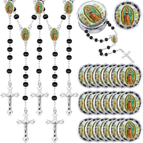 Jadive 100 Pcs Scented Rosary Beads Necklace with Gift Box Lady Guadalupe Wooden Rosary Beads Bulk with Crucifix for Women Men First Communion Baptism Favors Catholic Gifts(Black, Silver)