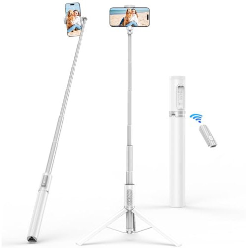 SYNCWIRE Palo Selfie 157 cm, Trípode Selfie Stick de Aluminio con Mando a Distancia Bluetooth Recargable para iPhone y Smartphones Android, Viajes, Vlogging, Grabación de Vídeo, Blanco
