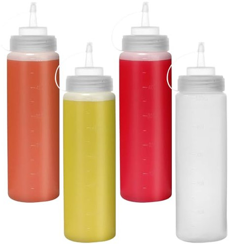 Puedno 16oz Squeeze Bottle, 4pcs Plastic Squeezy Sauce Bottle, 500ml Squeeze Dispensers with Measurements, Reusable Condiment Squeeze Bottles for Ketchup BBQ