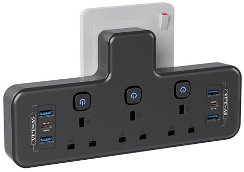 PD40W Total USB C Slots, 9 in 1 Multi Plug Adapter with 6 USB, PASSUS 3 Way Plug Extension Socket with Independent Switches, 13A UK Wall Adaptor Built-in Surge Protector for Home, Office, Kitchen