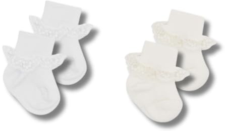 Coccoli | 2 Paia di Calzini Neonato in Caldo Cotone con Risvolto e Pizzo, Made in Italy (Tg. 18/19, panna, bianco)