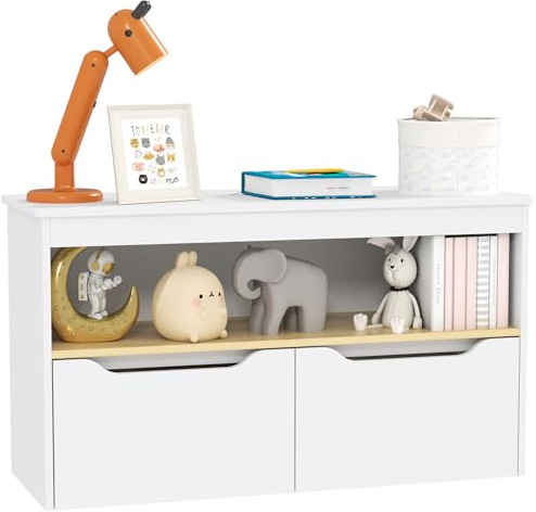 AIYAPLAY Estantería para Juguetes Infantil Librería Infantil con 2 Cajones y Compartimento para Salón Dormitorio Sala de Juegos 80x30x45 cm Blanco