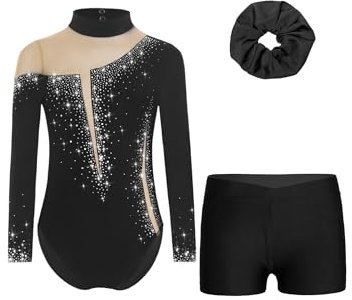 Alvivi Mädchen Turnanzug Glitzer Gymnastikanzug Langarm Gymnastik Leotard mit Kurze Hose Haarband Gymnastikbody Turntrikot Gymnastik Kleidung B Schwarz 134-140