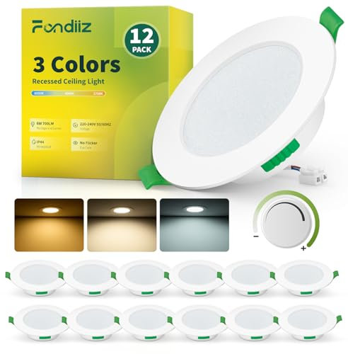 Fondiiz LED Downlights for Ceiling Dimmable, 6W Recessed Ceiling Lights, Warm White 2700K Natural White 4000K Cool White 6000K Adjustable, 75-90mm Cut Out, IP44 LED Spot Lights for Bathroom, 12 Pack