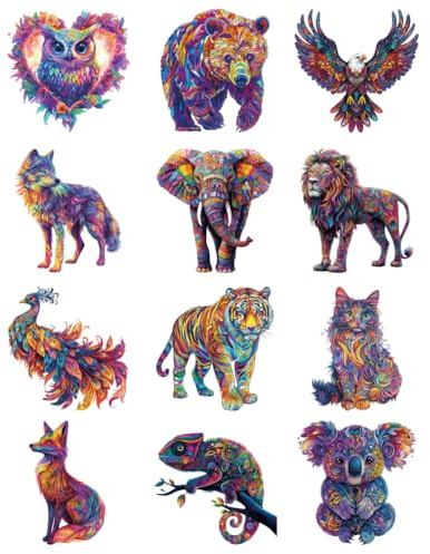 arricraft 12 Pcs Plastic Iron-On Transfer Stickers, Colorful Animal Theme Pattern Heat Transfer Film Sticker Set for DIY T-Shirt Bag Hat Jacket Clothing Curtain Decoration Accessories