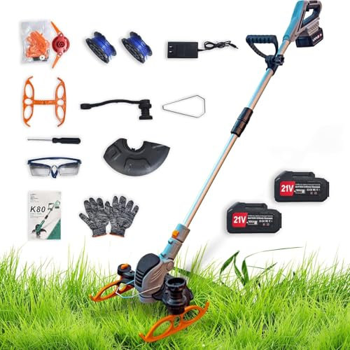 Desbrozadora Bateria, Desbrozadora electrica,21V cortabordes Cortador de Bordes inalámbrica Profesional Desbrozadora Ligera para Recortar Césped y Arbustos,con 2 baterías,Ruedas