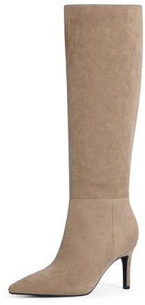 Easyfox Tan Suede Knee High Boots for Women Tan Suede Tall Boots Pointed Toe Tall Boots Stiletto High Heel Long Boots Side Zipper Size 8.5