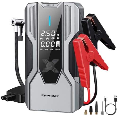 Spardar 8000A Booster Avviamento Auto, 150 PSI Avviatore Batteria Auto, 12V (Per Tutti i Motori a Benzina e Diesel da 10 Litri), 12000mAh Jump Starter, Ricarica Rapida Type-C da 80W