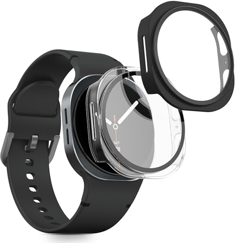kwmobile fodral kompatibelt med Samsung Galaxy Watch 8 (44 mm) fodral – 2 x härdat glas med plastram – genomskinlig/svart