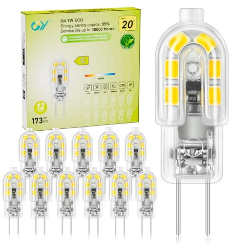 GY Ampoule G4 LED Classe C, 1W Équivalent 20W, 173LM Blanc Froid 6000K, 12V AC/DC, Économie d'Énergie, Non-Dimmable, Sans Scintillement - Pour Meuble, Cuisine, Décoration, Lot de 12