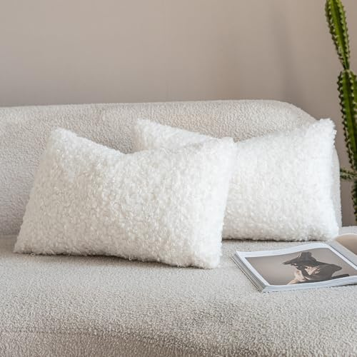 Neelvin 2er Set Dekorative Kissenbezug Teddy Wolle Künstlich Pelz Kissenbezüge Weiche Plüschkissen Kissenhülle Bouclé Zierkissenbezüge Sofakissen für Sofa Schlafzimmer Wohnzimmer 30x50cm Cremeweiße