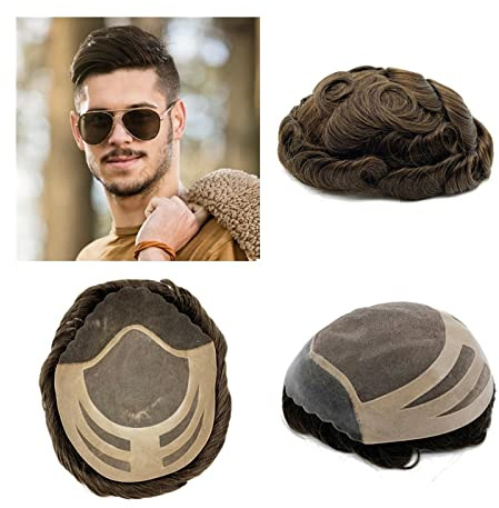 Uso Masculino Postizo for Hombres Sistemas de reemplazo Cabello Humano Indio Tupé for Cabello Duradero for Unidad 8 * 10 Pulgadas Mono Encaje Base PU Piel Fina for Cabeza de Peluca(130%)