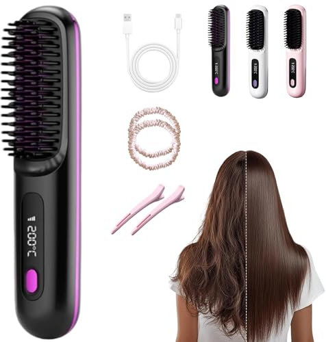 Giovencia Brosse Lissante Portable, Brosse Lissante sans Fil, Mini 2 en 1 Naelyah Brosse Chauffante avec Écran LED USB Rechargeable,160-200℃ - 3 Températures, Tous Cheveux (Noir)
