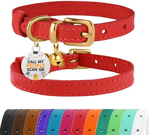 BRONZEDOG Collare per gatti in pelle con etichetta QR-ID rimovibile – Collare per gattini con campane, senza sgancio rapido, per femmine e maschi (18-22 cm, rosso e oro)