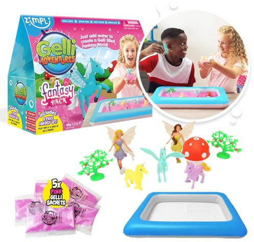 ZIMPLI - Gelli Adventures Fantasy Pack, 5 Use, 8 x Fantasy figures, Inflatable Play Tray, Imaginative Pretend Playset, Play Set for Girls 5 6 7 8 9 10, Xmas Present