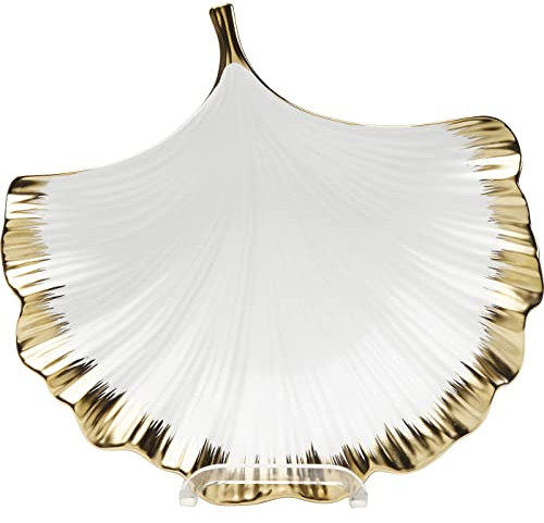 Kare Design Deko Schale Ginkgo Elegance Rim, Weiß/Gold, Obstschale, Dekoschale, Tischdeko, Deko für Wohnzimmer, Esstisch, Sideboard, Porzellan, 6x28x28 cm (H/B/T)