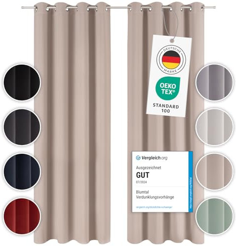 Blumtal Verdunklungsvorhänge 2er Set - Thermovorhang Hitzeschutz - Vorhang Blickdicht mit Ösen - Gardinenschals mit Schlaufen-Lärmschutzvorhang - Gardinen 138x117cm - Verdunkelungsvorhang - Taupe