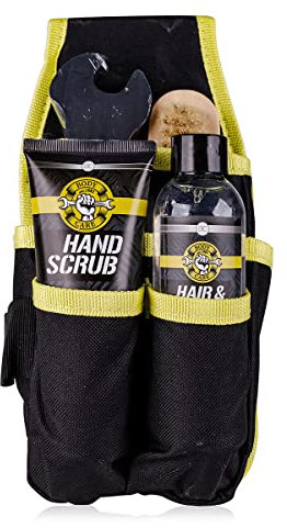 accentra Presentset BATH & BODY TOOLS för män inklusive 2-i-1 schampo och duschgel, peeling för smutsiga händer, tvål, skiftnyckel, nagelborste i trä och verktygsväska