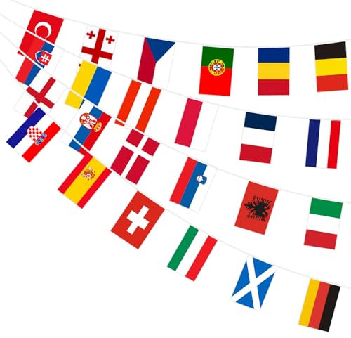 AhfuLife 24 Länder Fahnen Wimpelkette, 24 Länder Doppelseitige Stoff Euro Wimpel Girlande für 2025 Eurovision Euro Nations Damen Fußball League EM Haus Bar Garten Party Deko(20x28cm-11m, 4 Stück)