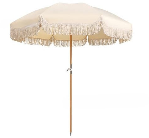 SOYDAN Sonnenschirm mit Fransen, Strandschirm im Freien Tragbar mit 8 Hochwinddichten Fiberglas-Rippen und Tragetasche, UV 50+, Sonnenschirm mit Kippstange für Gartenpool Hinterhof