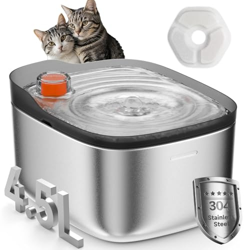 APETDOLA Fontanella per gatti, fontana per animali domestici in acciaio inox da 4,5 L, fontanella per cani e gatto con galleggiante visivo colorato per gatti all'interno-FS10 (Nero, Normale)
