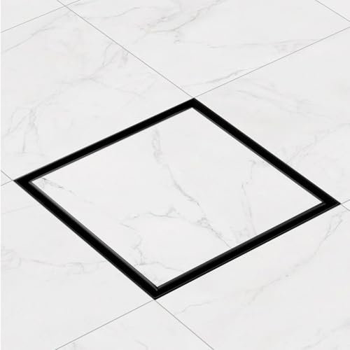 Finmrys Caniveau de douche carré noir mat carrelable 20 x 20 cm extra plat en acier inoxydable - Kit complet d'écoulement de douche - Siphon à 360 ° avec tamis à cheveux