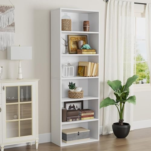 oneinmil Bookcase and Bookshelf with 6 Shelves, Floor Standing Tall Bookcase, Open Display Storage Rack, Home Decorative Furniture, Suitable for Home Offices, Living Rooms, and Bedrooms, White