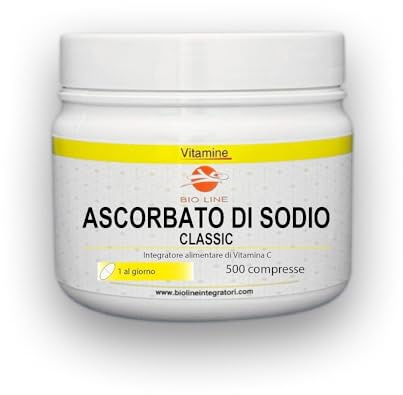 Bio Line Ascorbato di Sodio - Vitamina C Pura 500 Compresse Deglutibili con Acqua Integratore Difese Immunitarie che Migliora l'Assorbimento del Ferro, Integratori Alimentari Made in Italy