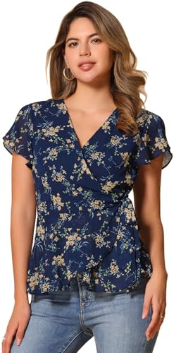 Allegra K Wrap Top for Women's Floral V Neck Ruffle Sleeve Tie Peplum Top | V Neckline, Floral Pattern, Slit Ruffled Sleeves, Wrap Tops with Front Tie Waist, Peplum Blouse, Flowy
