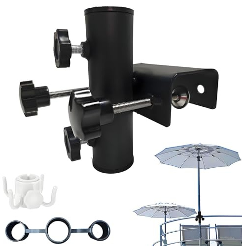 Parasollhållare balkongräcke, parasollhållare balkong för paraplyrör Ø 23 ~ 38 mm, justerbar med krok, stabil balkongskärmhållare, paraplyhållare för balkong, terrass, trädgård, räcke