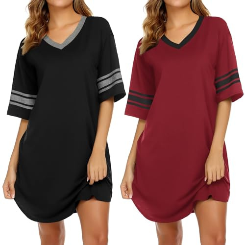 Ekouaer Nighties for Women Nightdress Ladies Soft Night Dress Womens T Shirt Nightdresses Summer Plus Size Nightwear Sleep & Lounge,Black+winered,XXL