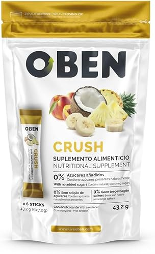 Oben Crush Suplemento Alimenticio Tropical Sin Azúcares Añadidos, 6 Sobres de 7.2g, Sabor Mixto Piña Coco Melocotón