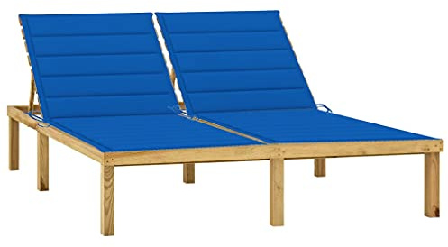 JHQHSM Lettino doppio con cuscini blu reale in legno di pino impregnato, schienale regolabile per un relax ottimale, lettino da giardino resistente alle intemperie