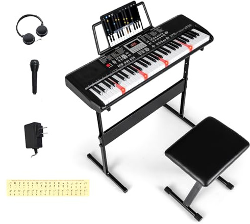 KOMFOTTEU Digitalt piano med 61 tangenter, musiktangentbord med 200 rytmer och 200 toner, 70 demoner, elektriskt piano med stativ, pall, stativ, hörlurar, mikrofon