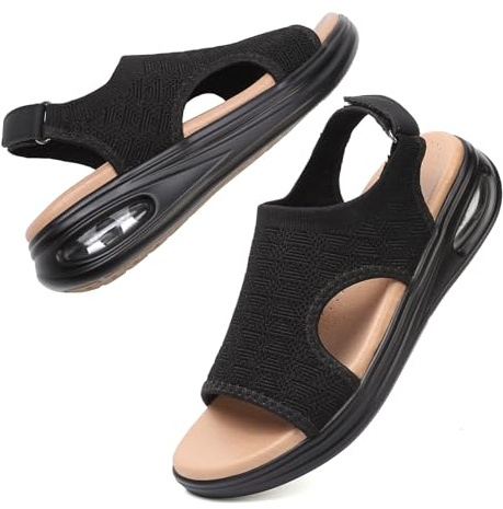 TETSUO Women's Summer Walking Sandals Slip On Air Cushion Support Platform Sandals Open Toe Ankle Strap Dress Sandal Shoes