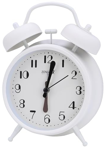 HMETOL Simple Design Alarm Clock, Traditional Dual Bell Design, Loud Alarm, Night Light for Bedroom White 11.6cm x 5.7cm x 16.8cm