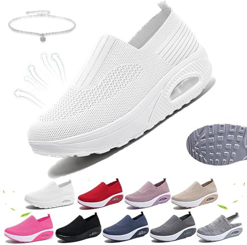 Tenis ortopédicos para mujer, cómodos zapatos de plataforma con parte inferior basculante, zapatos para caminar, con cojín de aire, zapatos para caminar, soporte de arco, tenis ligeros de cuña de