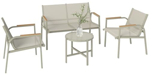 Outsunny Salon de Jardin 4 Pièces en Textilène avec Canapé 2 Places Vert | Ensemble de Terrasse, 2 Fauteuils, Table Basse en Verre Trempé, Mobilier de Jardin pour Balcon ou Piscine
