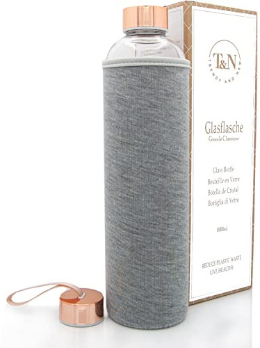 T&N Glasflasche 1 Liter / 750ml / 500ml – Trinkflasche Glas 1l mit Neoprenhülle – Wasserflasche Auslaufsicher – Glastrinkflasche aus dickerem Borosilikat-Glas für Kohlensäure geeignet